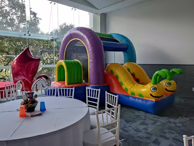 Fiesta en jardín con inflable para niños en CDMX